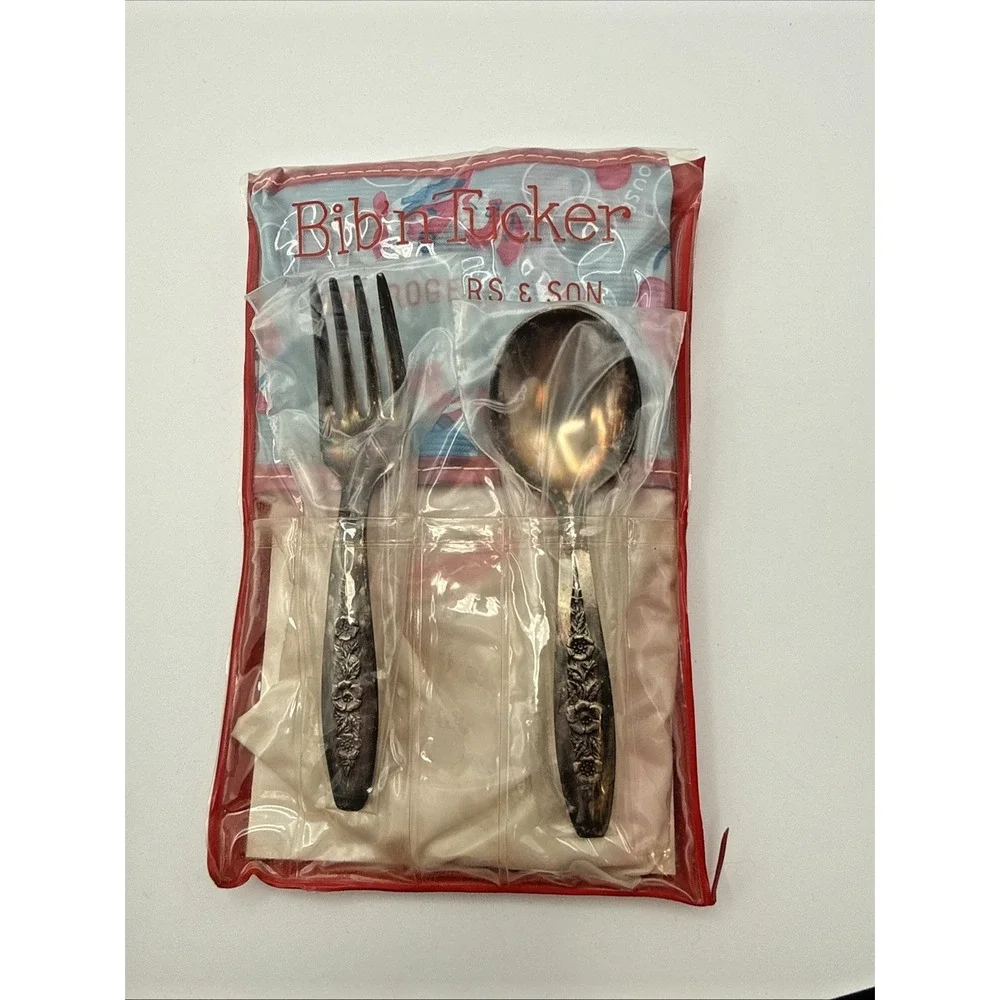 Vtg Rogers‎ & Son Bid'n Tucker Baby Silverware Set bib Fork Spoon Original Box